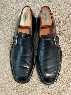 Mephisto Black Leather Single Buckle Monk Strap Loafers